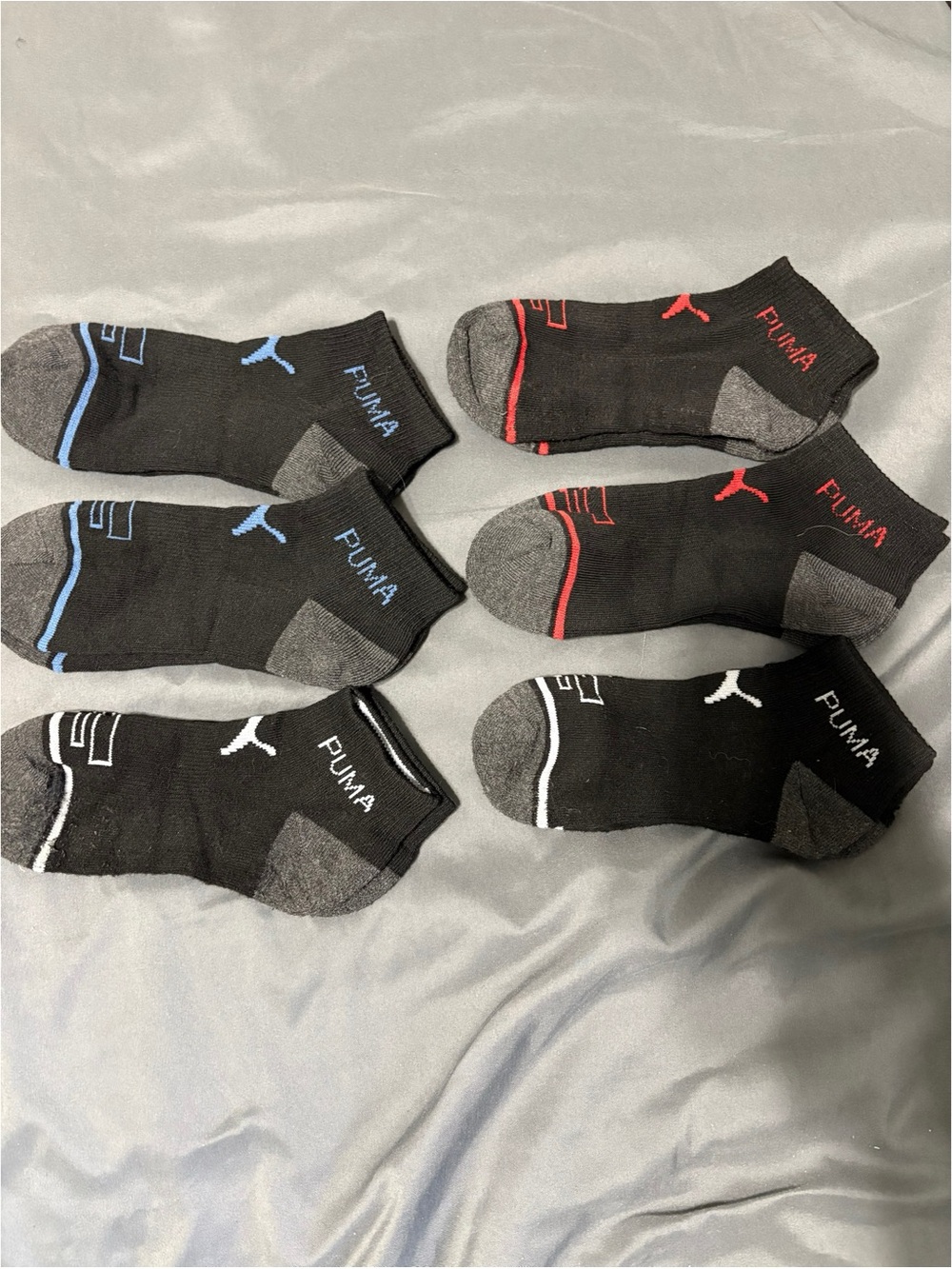 Puma Low-Cut Athletic Socks in Black with Blue, Red, and White Accents (6-Pack)